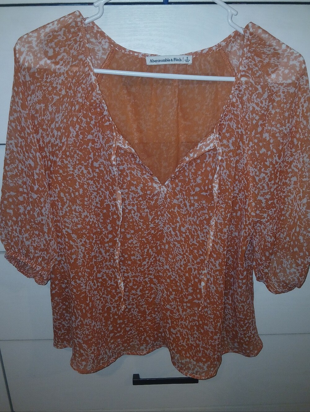 Abercrombie & Fitch Orange and White Printed V-Neck Peasant Blouse